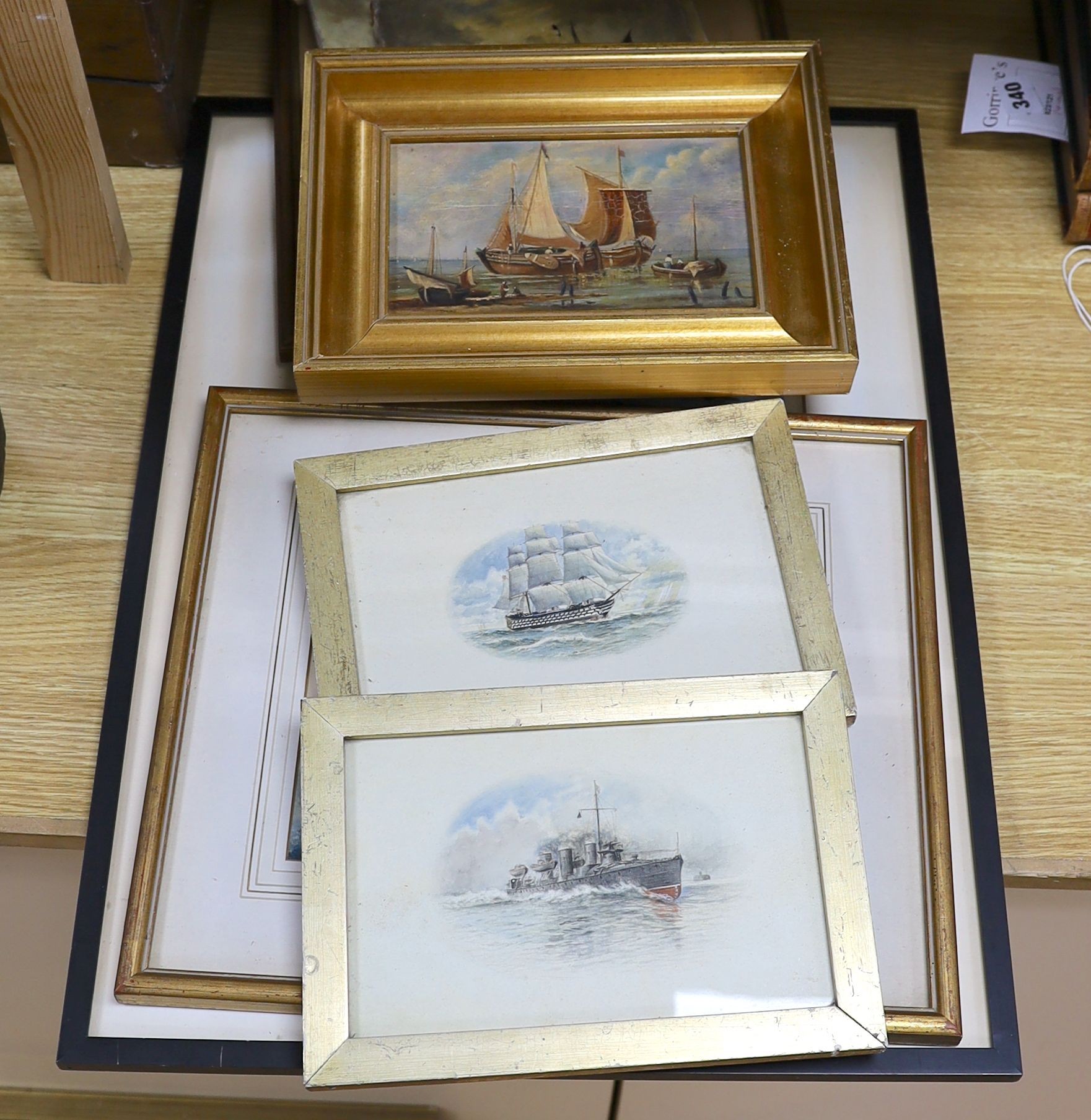 A small collection of Marine pictures including watercolour vignettes of an 18th century warship and earlier 20th century gun boat, 14 x 21cm, an early 19th century naieve watercolour of a frigate, two engravings and fou